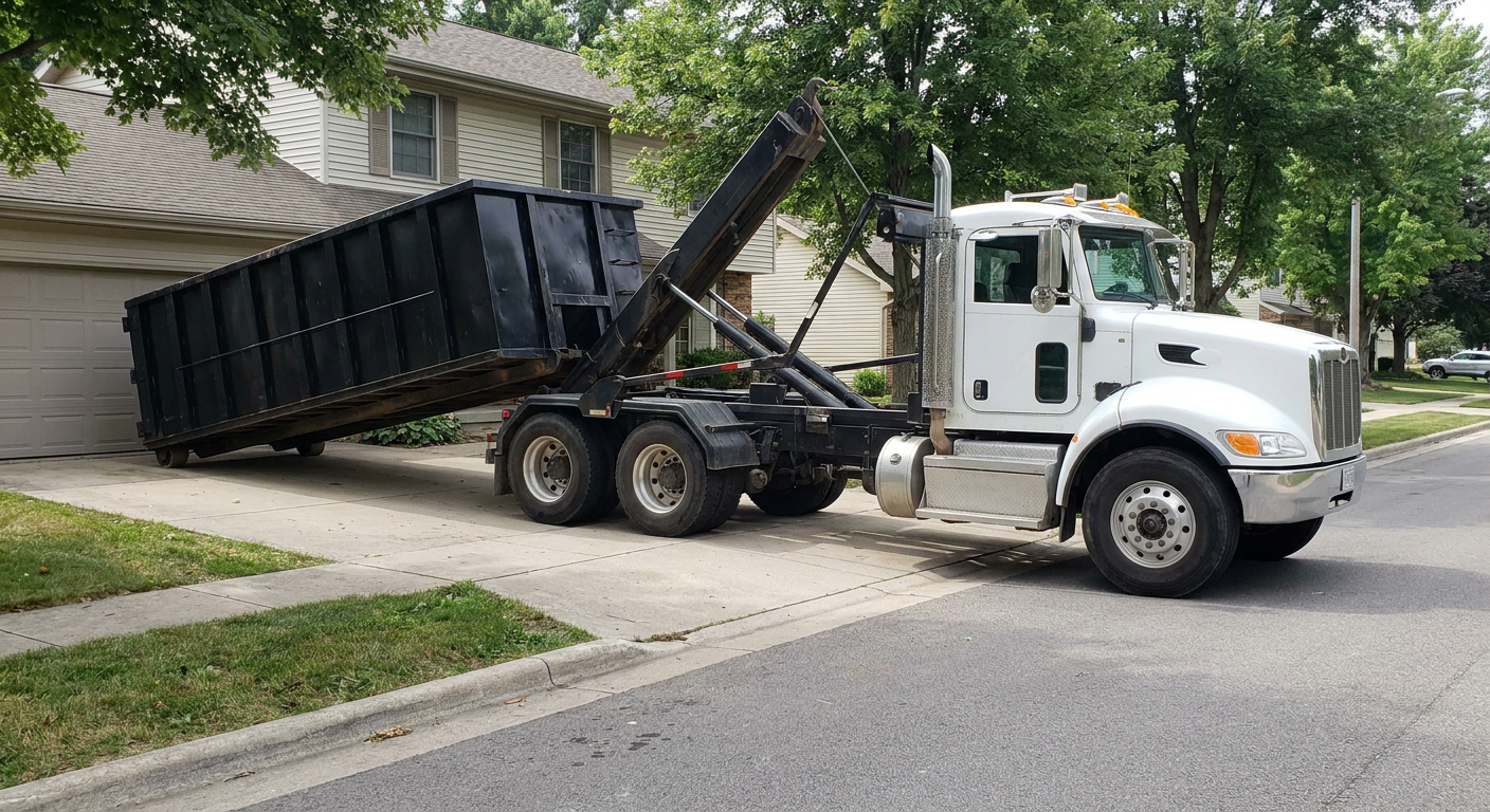 White-cab hooklift roll-off truck actively lowering a matte-black dumpster onto a Shreveport residential concrete driveway, the dumpster's rear wheels touching the driveway as the hoist arm tilts the bed forward, mid-morning daylight.