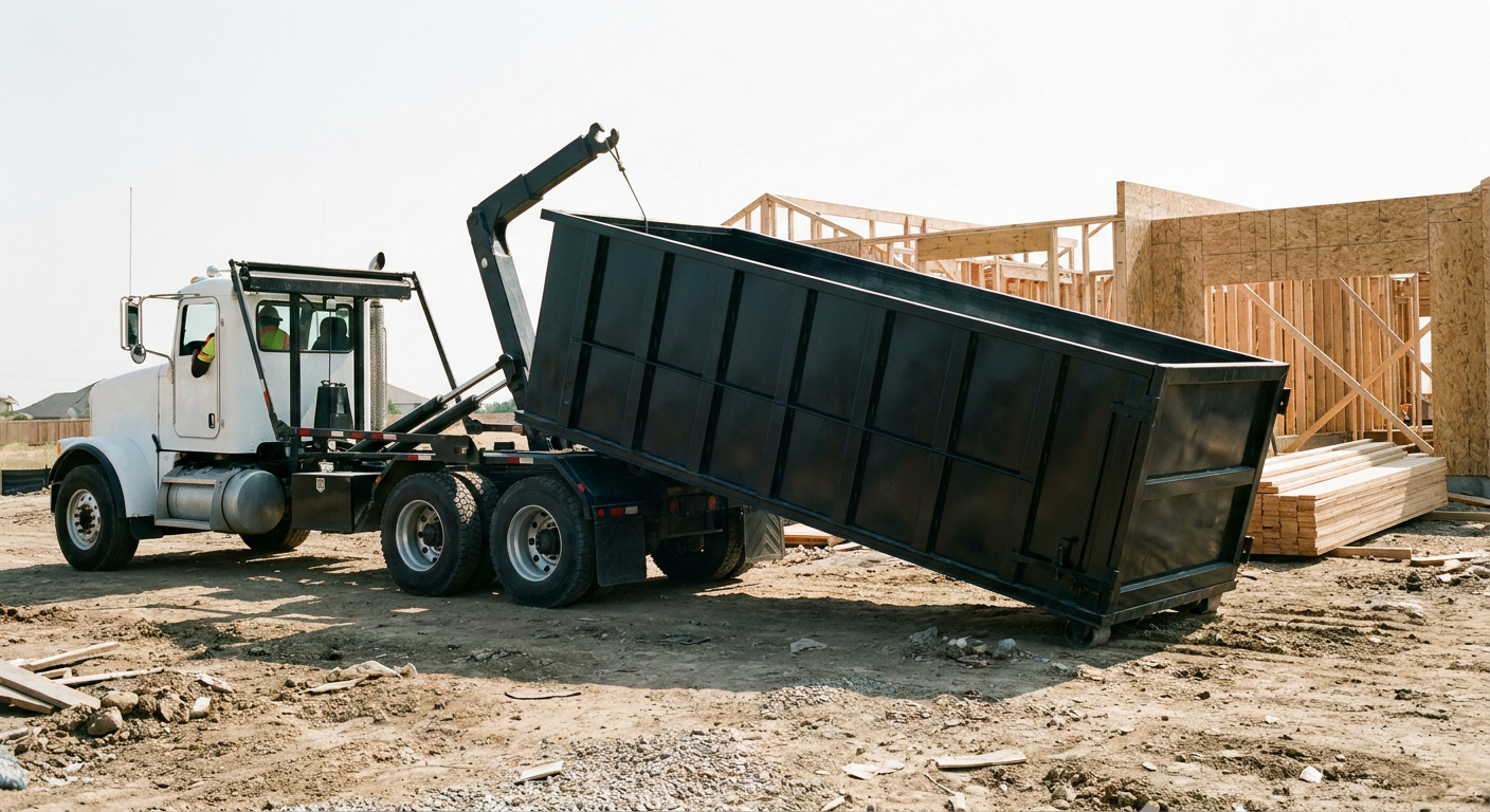 Matte-black roll-off dumpster being delivered onto a clean residential concrete driveway in Shreveport by an unmarked white hooklift hauler truck, bright morning daylight, documentary 35mm perspective.